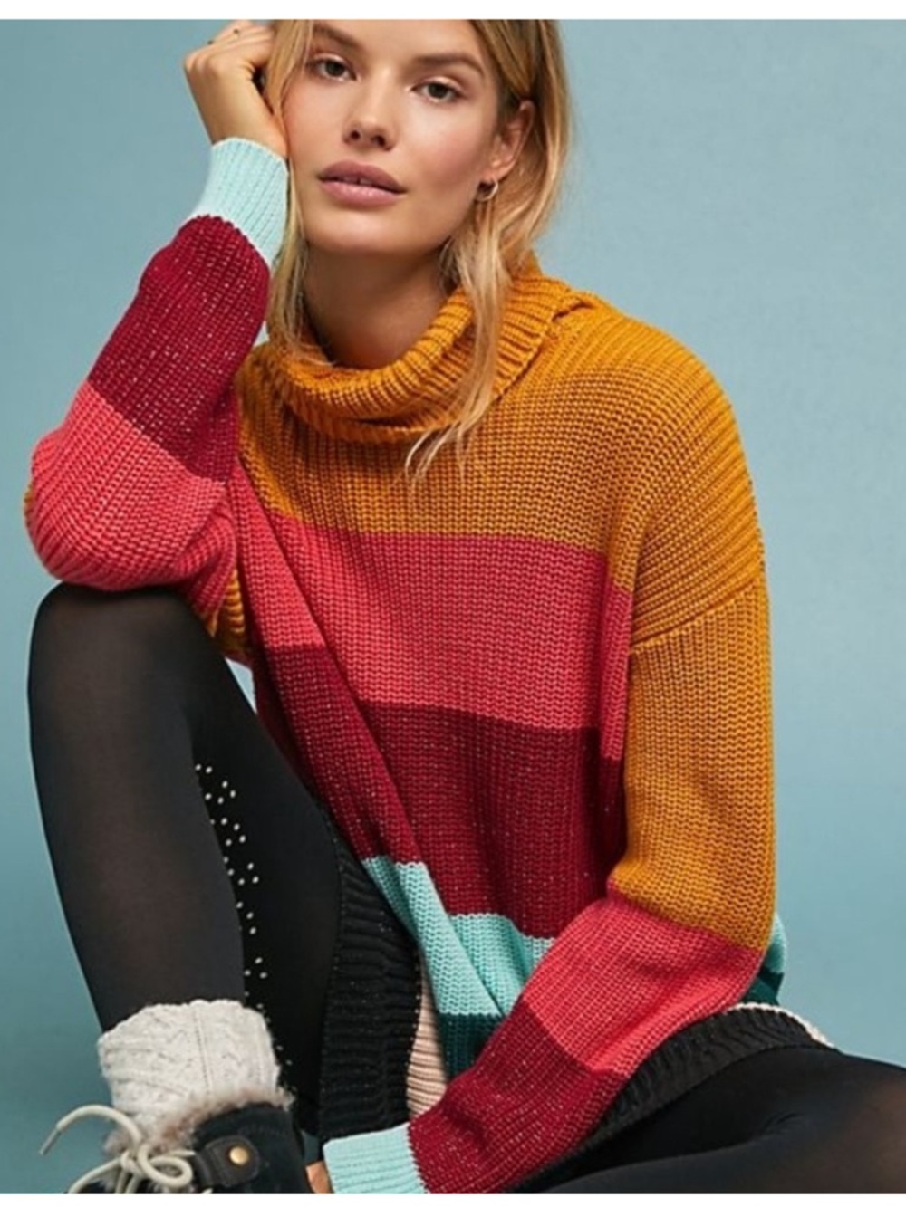 FARM Rio Mustard Multicolor Striped Cowl-Neck Knit Dress